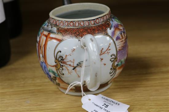 An 18th century Chinese famille rose teapot, with white metal spout height 9cm (lacking lid)